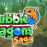 Farverigt skovlandskab med teksten Bubble Dragons Saga og en tegnet dragefigur ovenpå bogstaverne