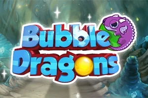 Teksten Bubble Dragons i blå og rød med en lilla drage på en grøn boble i baggrunden