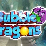 Teksten Bubble Dragons i blå og rød med en lilla drage på en grøn boble i baggrunden