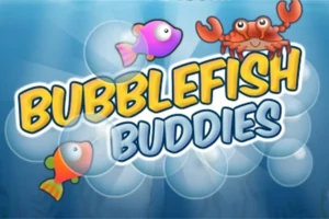 Farverige fisk og en krabbe med teksten Bubblefish Buddies på en baggrund af bobler