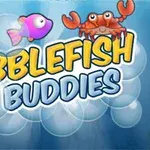 Farverige fisk og en krabbe med teksten Bubblefish Buddies på en baggrund af bobler