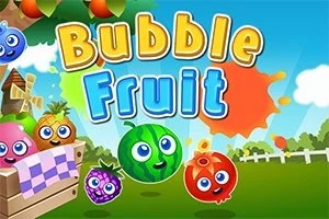 Tegneseriefrugter med ansigter og teksten Bubble Fruit på en farverig baggrund med en have