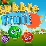 Tegneseriefrugter med ansigter og teksten Bubble Fruit på en farverig baggrund med en have