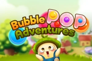 En glad figur med hat står foran en farverig, tegneserieagtig baggrund med store, lyse bogstaver, der danner ordene Bubble Pop Adventures