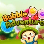 En glad figur med hat står foran en farverig, tegneserieagtig baggrund med store, lyse bogstaver, der danner ordene Bubble Pop Adventures