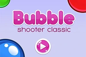 Farvede bobler og en play-knap på en lilla baggrund med teksten Bubble shooter classic