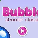 Farvede bobler og en play-knap på en lilla baggrund med teksten Bubble shooter classic