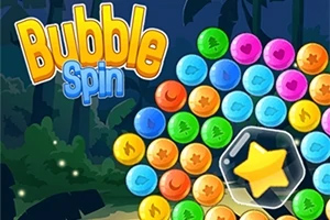 Farverige bobler arrangeret i en cirkel med en gul stjerne i midten og teksten Bubble Spin over et naturskiftet baggrund