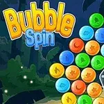 Farverige bobler arrangeret i en cirkel med en gul stjerne i midten og teksten Bubble Spin over et naturskiftet baggrund