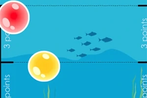 To farvede bobler og fiskesilhuetter under vandet med punktindikatorer langs kanten