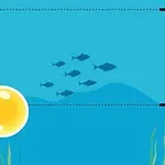 To farvede bobler og fiskesilhuetter under vandet med punktindikatorer langs kanten