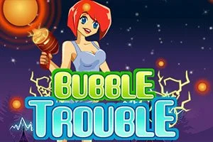 Tegneseriefigur med rødt hår i blå kjole, der holder en lysende stav, omgivet af elektriske gnister og tekst Bubble Trouble foran en lilla nattehimmel
