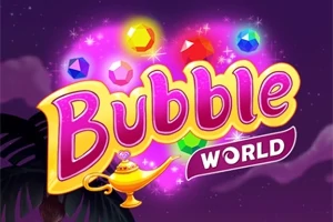Tekst Bubble World omgivet af farverige perler og en lampe på en lilla baggrund