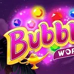 Tekst Bubble World omgivet af farverige perler og en lampe på en lilla baggrund