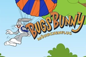 Bugs Bunny ses svæve ned med en faldskærm i luften over træer, med teksten Bugs Bunny Möhrchenflug