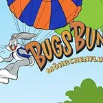 Bugs Bunny ses svæve ned med en faldskærm i luften over træer, med teksten Bugs Bunny Möhrchenflug