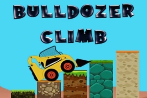 En gul bulldozer balancerer på ujævne, forskellige farvede blokke med teksten Bulldozer Climb øverst