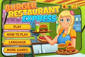 En tegneseriefigur med blondt hår serverer burgere og pommes frites i en restaurantindstilling, omgivet af menuknapper til spilnavigation