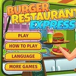 En tegneseriefigur med blondt hår serverer burgere og pommes frites i en restaurantindstilling, omgivet af menuknapper til spilnavigation