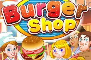 Titelgrafik med tegneseriefigurer og en stor burger foran teksten Burger Shop