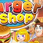 Titelgrafik med tegneseriefigurer og en stor burger foran teksten Burger Shop