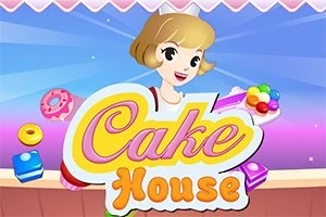 Tegnet figur med kort hår holder farverige kager, omgivet af donuts og slik, med teksten Cake House foran
