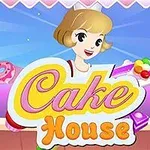 Tegnet figur med kort hår holder farverige kager, omgivet af donuts og slik, med teksten Cake House foran
