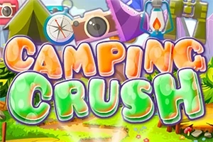 Farverige bogstaver, der stavner Camping Crush, med en baggrund af telt, kompas og lejrpladsudstyr
