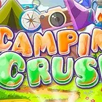 Farverige bogstaver, der stavner Camping Crush, med en baggrund af telt, kompas og lejrpladsudstyr