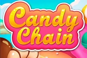 Farverig grafik med teksten Candy Chain i gule bogstaver på en lyserød baggrund, omgiven af sliklignende elementer
