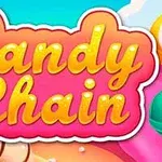 Farverig grafik med teksten Candy Chain i gule bogstaver på en lyserød baggrund, omgiven af sliklignende elementer