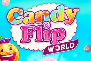 Farverigt logo med teksten Candy Flip World i en sukkersød stil på en blå baggrund med slik-elementer