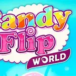 Farverigt logo med teksten Candy Flip World i en sukkersød stil på en blå baggrund med slik-elementer