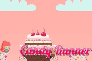 Tegneserieagtig scene med en kage toppet med kirsebær, en lille karakter til venstre, og teksten Candy Runner i forgrunden