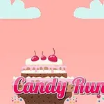 Tegneserieagtig scene med en kage toppet med kirsebær, en lille karakter til venstre, og teksten Candy Runner i forgrunden