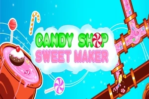 Farverigt tegneserieillustration med slikfabrik-tema, rør med lyserød væske og teksten Candy Shop Sweet Maker på blå baggrund
