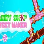 Farverigt tegneserieillustration med slikfabrik-tema, rør med lyserød væske og teksten Candy Shop Sweet Maker på blå baggrund