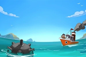 Et animeret skib nærmer sig en flydende mine på havet under en klar blå himmel