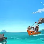 Et animeret skib nærmer sig en flydende mine på havet under en klar blå himmel