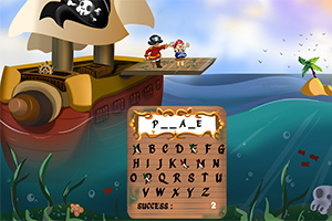 Et piratskib med en sort sejldug med et hvidt dødningehoved, en pirat og en figur på en planke, omgivet af hav og små øer, med et bræt med bogstaver i forgrunden