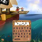 Et piratskib med en sort sejldug med et hvidt dødningehoved, en pirat og en figur på en planke, omgivet af hav og små øer, med et bræt med bogstaver i forgrunden