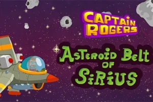 En rumraket med en astronaut, der flyver gennem en asteroidebælte med tekst i baggrunden
