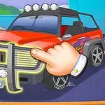 Rød offroad-bil med store dæk, dekoreret med et flamme-motiv og en finger, der peger på bilens forside