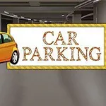 Gul bil i en parkeringskælder ved siden af et stort skilt med teksten Car Parking