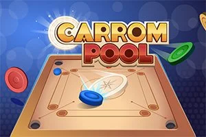 Carrom-bræt med forskellige farvede brikker og teksten Carrom Pool i baggrunden