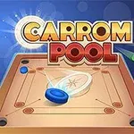 Carrom-bræt med forskellige farvede brikker og teksten Carrom Pool i baggrunden