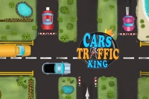 Tegning af et kryds med biler, græsarealer, træer og en sø, samt teksten Cars Traffic King i midten
