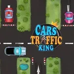 Tegning af et kryds med biler, græsarealer, træer og en sø, samt teksten Cars Traffic King i midten