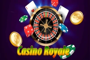 Roulettehjul omgivet af jetoner, spillekort og terninger med teksten Casino Royale forneden