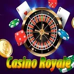 Roulettehjul omgivet af jetoner, spillekort og terninger med teksten Casino Royale forneden
